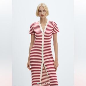 Mango Red and White Striped Midi Dress